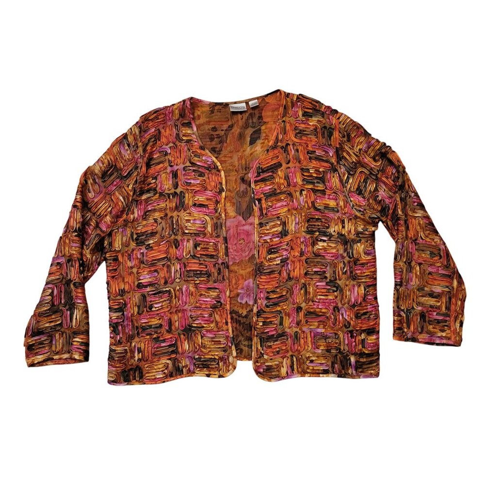 Chicos 3 Open Front‎ Jacket Multicolor Abstract Ribbon Design Silk XL 16
